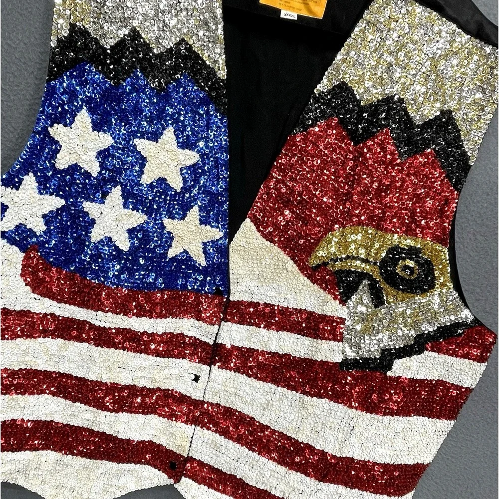 Vtg 4XL JC‎ UNISEX American Flag Eagle Fully Sequined Vest Patriotic Glam Rodeo